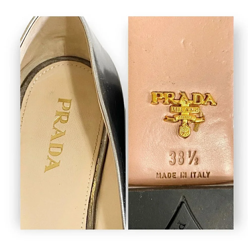 Prada pewter leather jewelled flats, size 38.5 EU